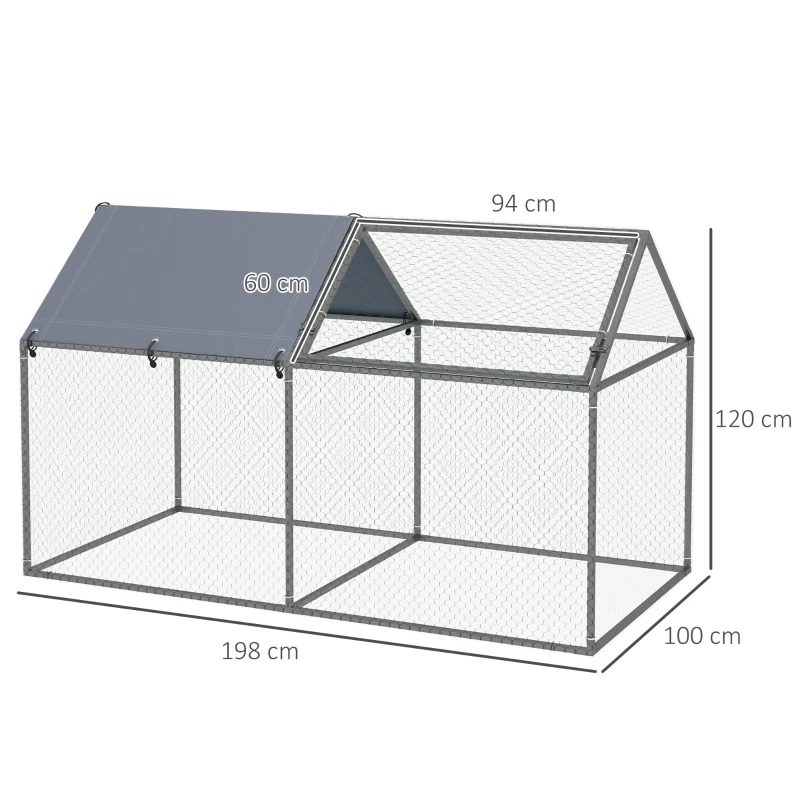 PawHut Gabbia per Animali in Acciaio con Tetto in Tessuto Oxford e Picchetti, 198x100x120 cm, Verde e Argento
