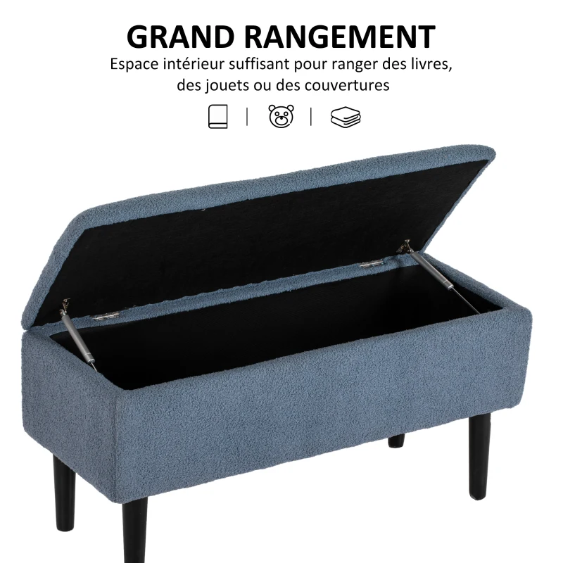 HOMCOM Banc de rangement coffre de rangement revêtement bouclette, pieds en bois de caoutchouc 95 x 38 x 45 cm bleu