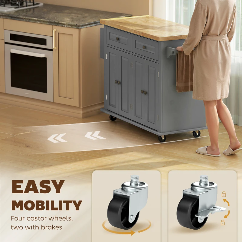 HOMCOM Rolling Kitchen Island Storage Trolley with Rubber Wood Top & Drawers for Dining Room, Grey