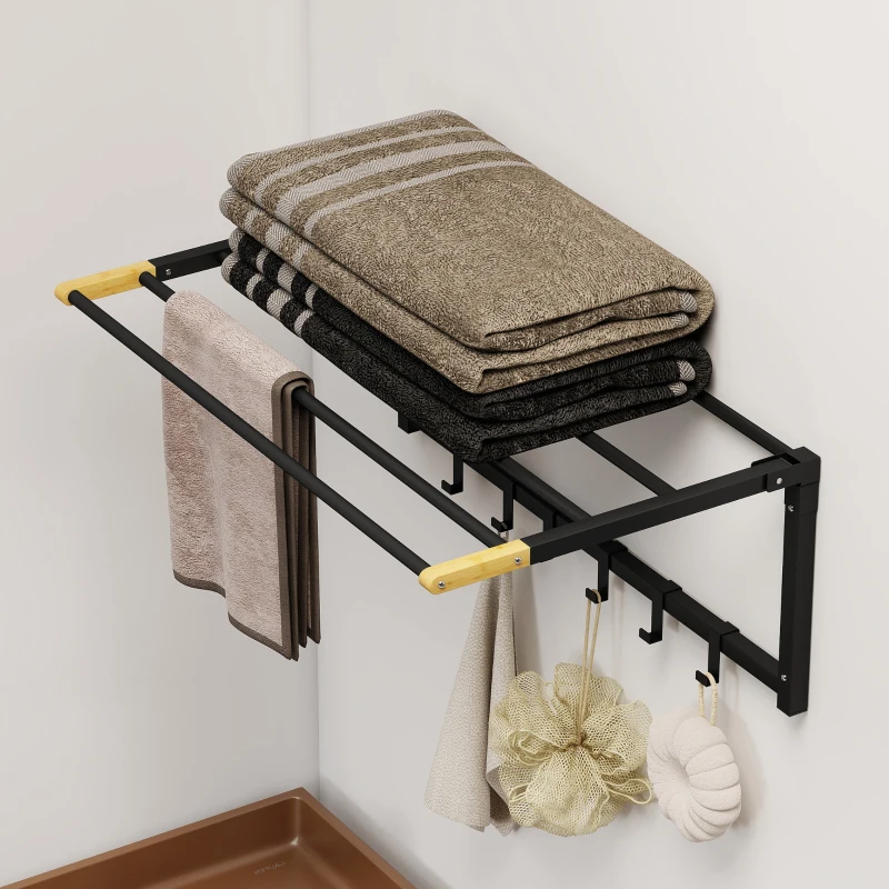 HOMCOM Toallero de Baño de Pared Toallero Plegable con 5 Barras y 6 Ganchos para Toallas Baño 60 cm Negro