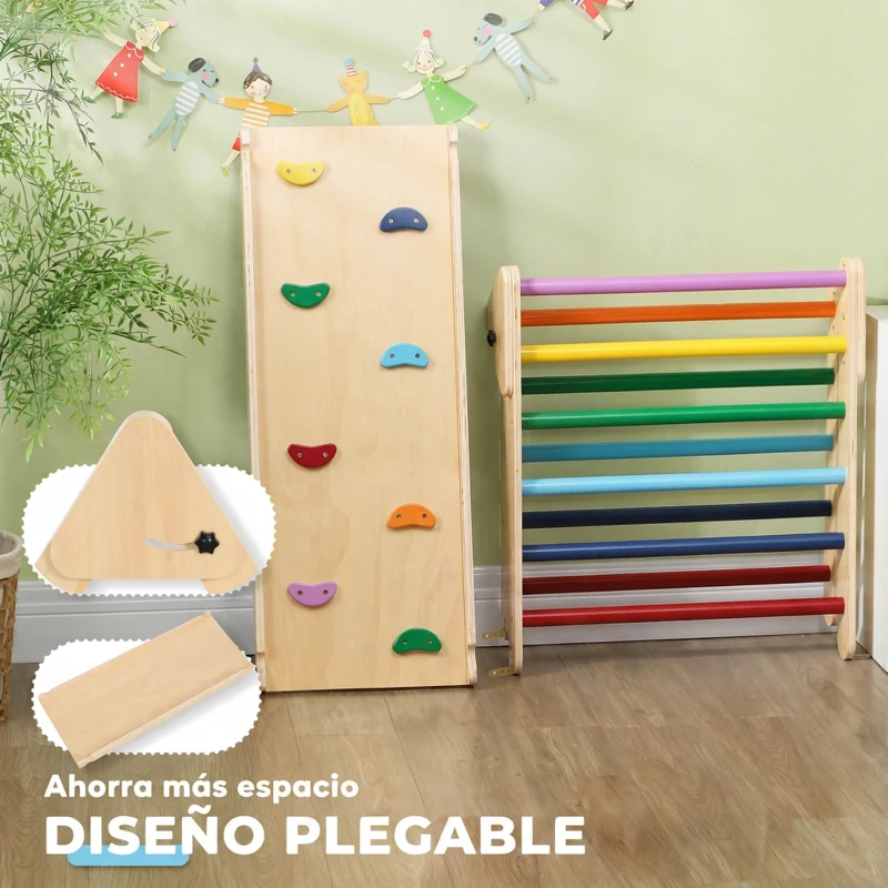 AIYAPLAY Triángulo de Escalada de Madera 3 en 1 con Rampa para Deslizarse o Escalar 147x64,5x63 cm Multicolor