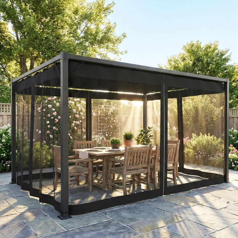 Outsunny Pérgola de Jardín 3x4 m con Techo Retráctil 4 Laterales de Malla UPF30+ Cenador de Jardín para Patio Exterior Gris