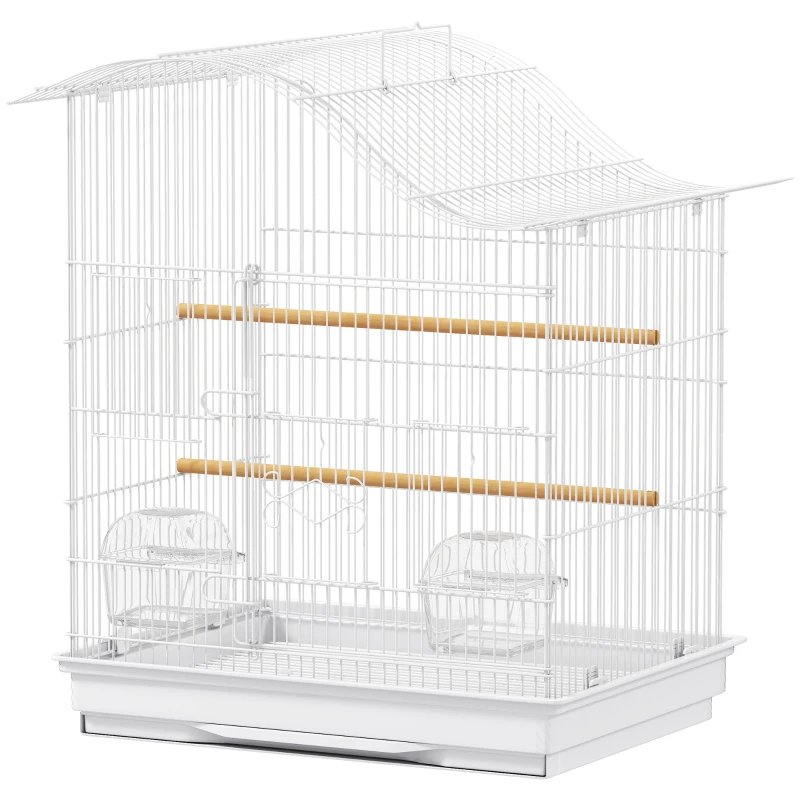 PawHut Gabbia per Uccelli a 4 Porte con 2 Ciotole, 2 Posatoi e Vassoio, in Metallo e Plastica, 47.5x36x54.5 cm, Bianco