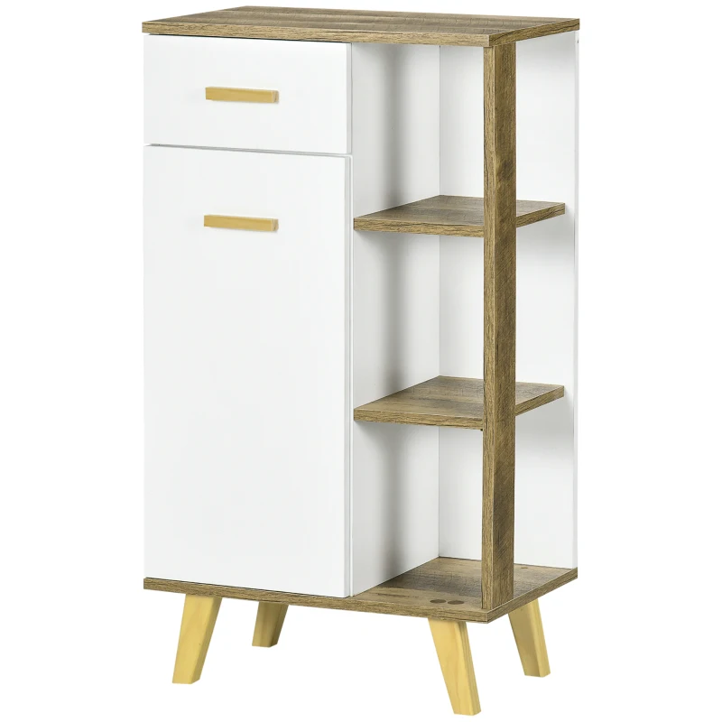 kleankin Meuble bas de salle de bain style scandinave 1 tiroir 1 placard et 3 étagères - 50 x 30 x 89 cm - blanc et naturel