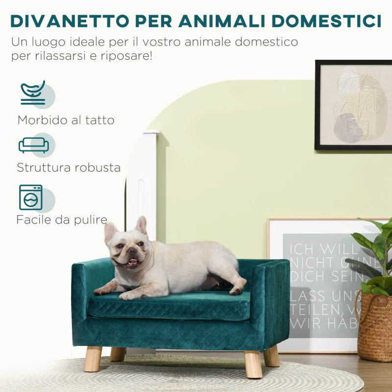 PawHut Divanetto per Cani e Gatti Stile Scandinavo con Cuscino Imbottito in Velluto e Legno, 64x45x36cm, Blu