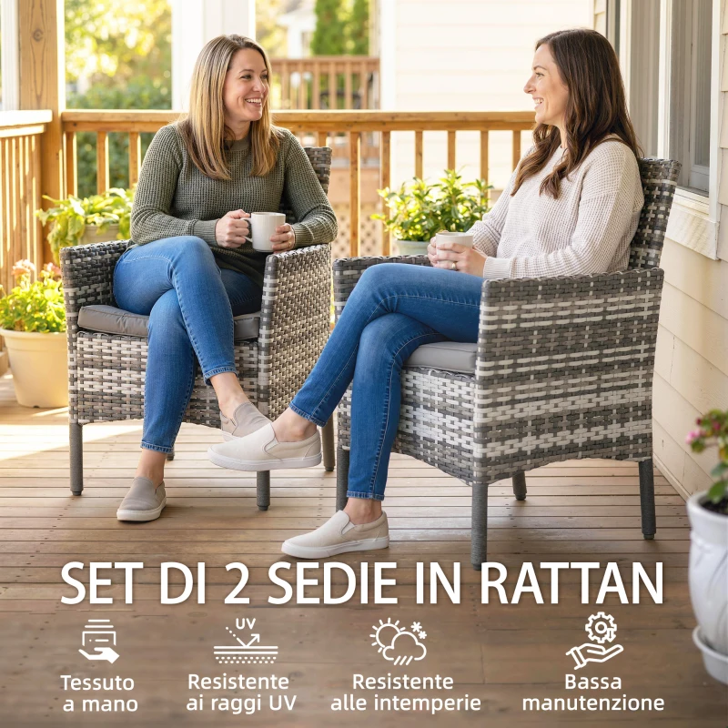 Outsunny Set 2 Sedie da Giardino in Rattan e Acciaio con Cuscini, Braccioli e Schienale Alto, 58x62x87 cm, Grigio