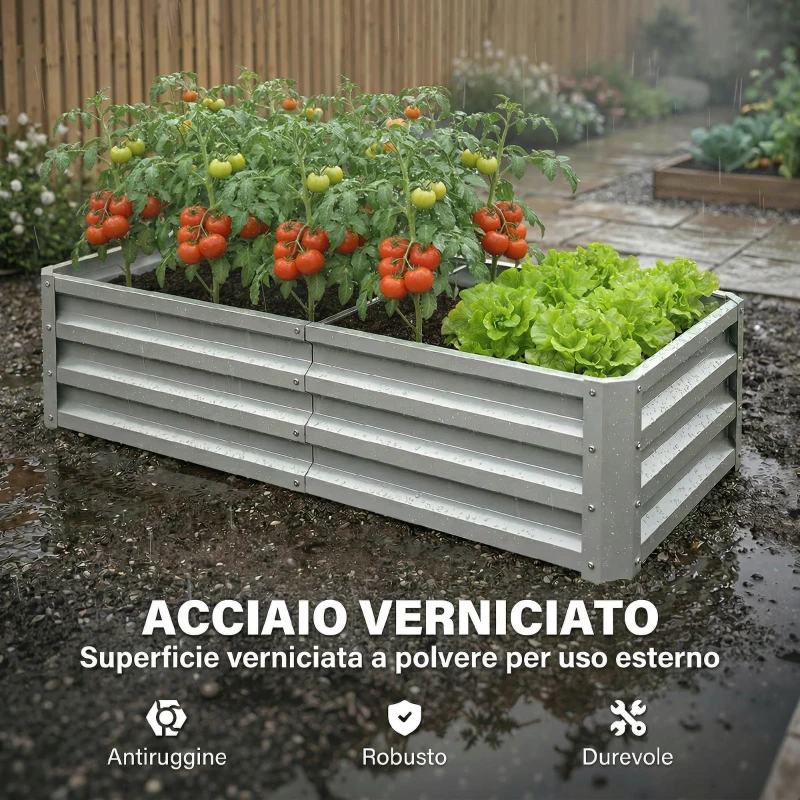 Outsunny Letto per Orto Rialzato a Fondo Aperto con Rivestimento in Acciaio Zincato, 120x60x30.5 cm, Argento