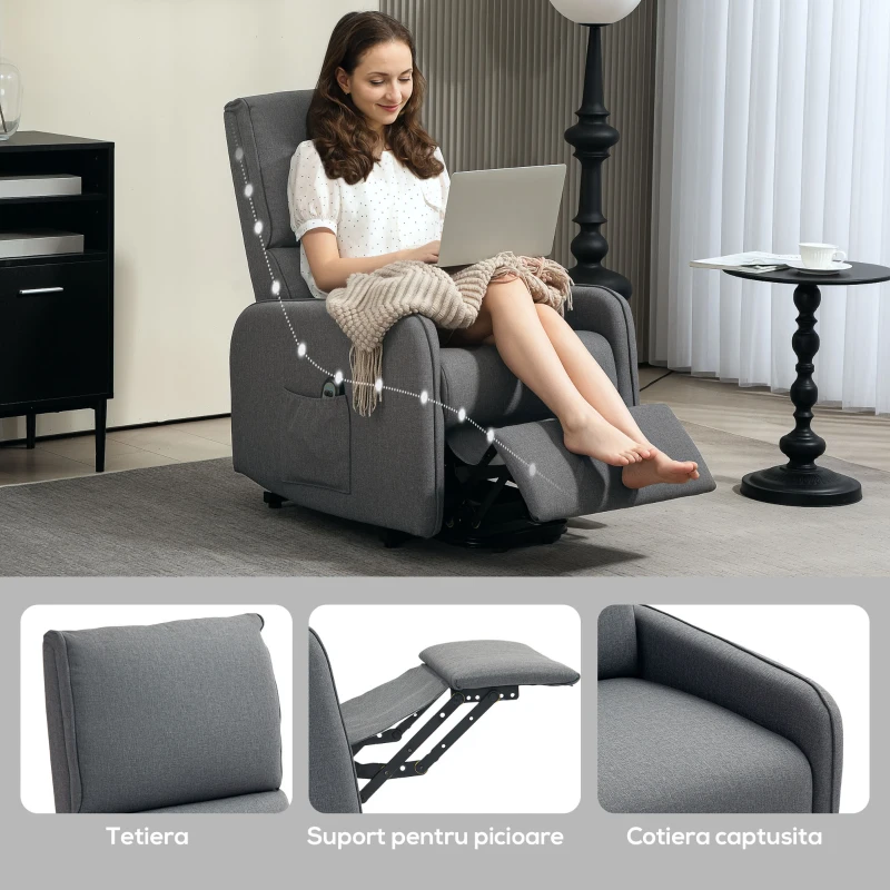 HOMCOM Fotoliu Electric Reclinabil cu Telecomandă și Buzunar din Material Textil, Gri Antracit