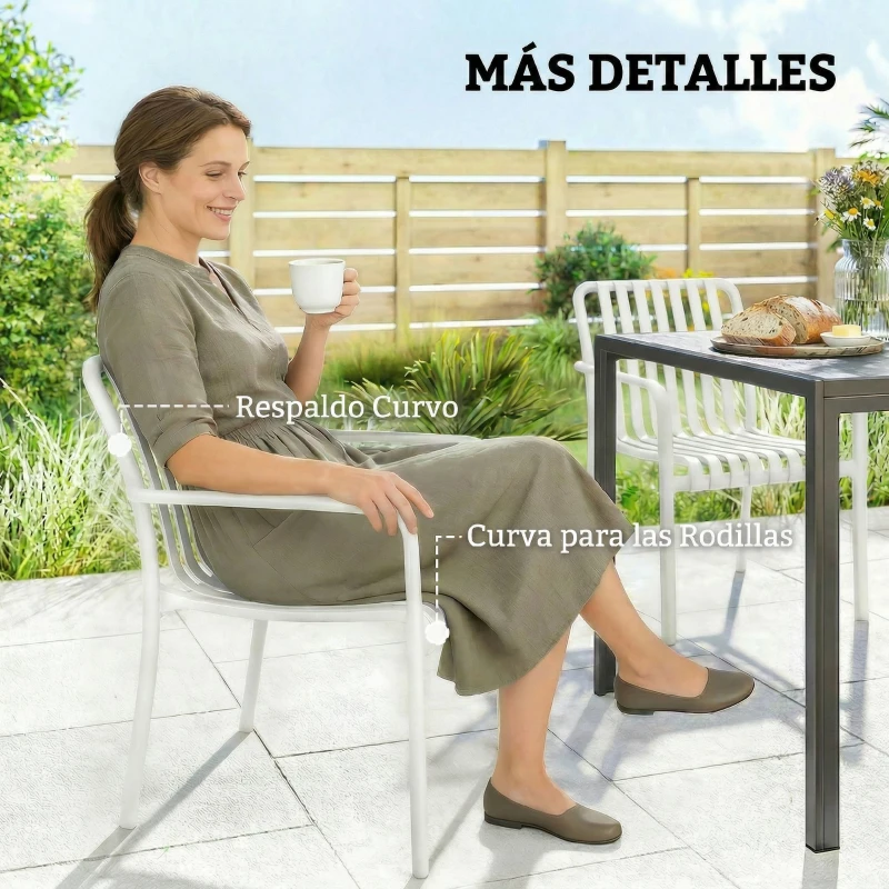 Outsunny Juego de 4 Sillas de Jardín Exterior Apilables de PP con Respaldo Curvado Asiento de Listones 55x58,5x81,5 cm Blanco
