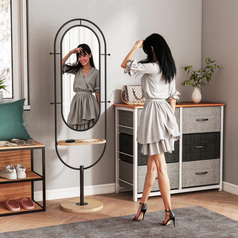 HOMCOM Oval Full Length Mirror with Wooden Tray and 4 Hooks - Black