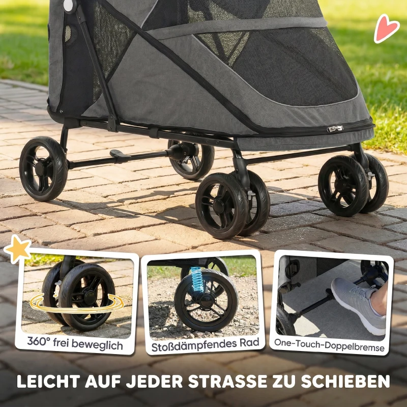 PawHut Hundewagen Faltbar Hundebuggy für große Hunde bis 30 kg mit 360°Drehrädern Netzfenster Kissen Verstellbarer Griff Grau