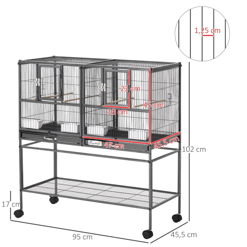 PawHut Cage à Oiseaux Volière Oiseaux Intérieur avec Séparation Mangeoire et Perchoir 95L x 45,5l x 102H cm Noir et Gris