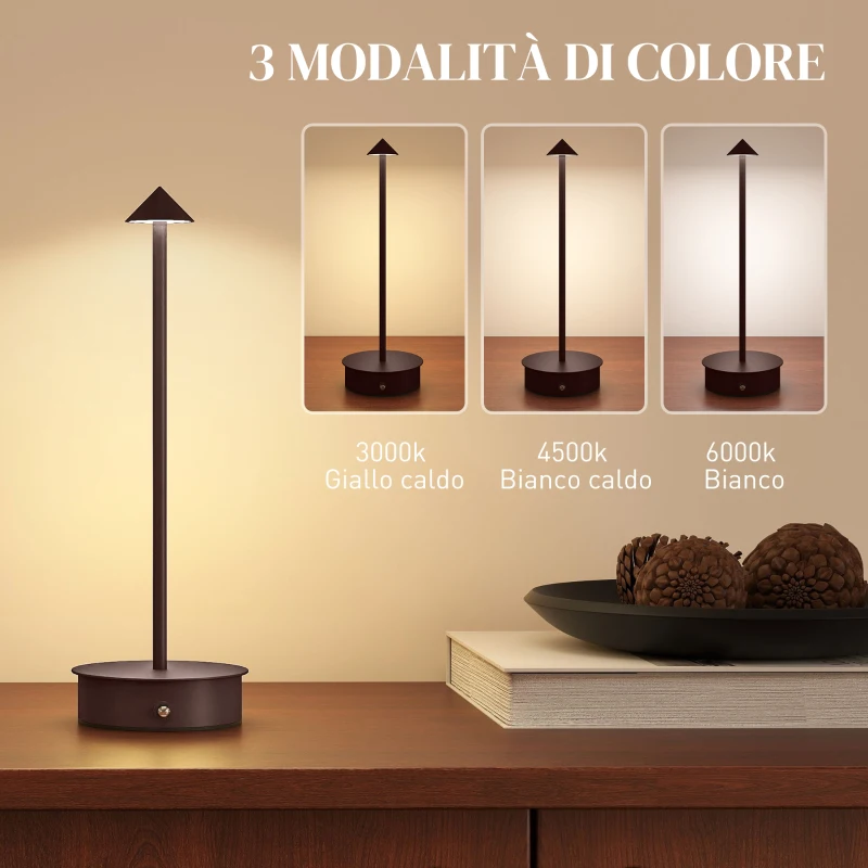 HOMCOM Lampada da Tavolo Touch Ricaricabile con USB, Regolabile 3000K/4500K/6000K, Autonomia 4-8 Ore, Caffè