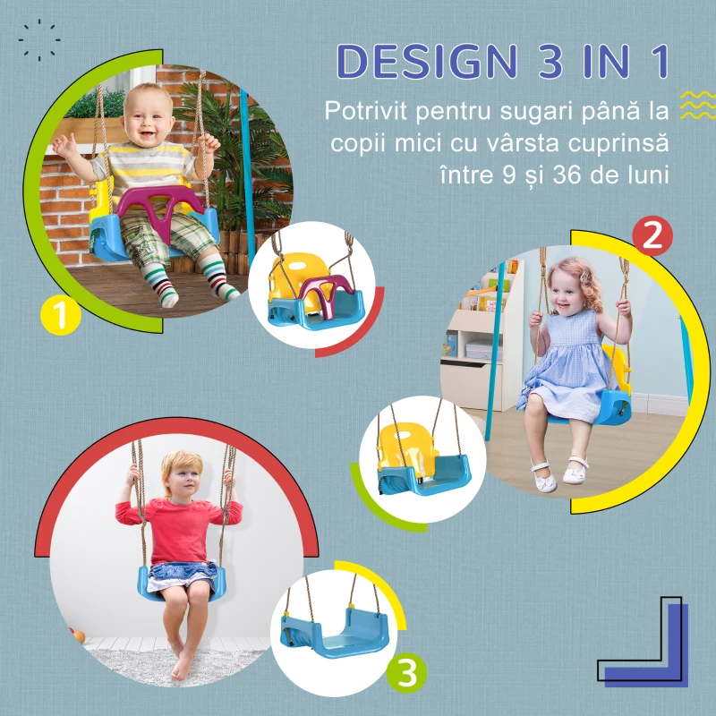 Outsunny Leagăn Copii 3 în 1 pentru Interior și Exterior, Frânghie Reglabilă și Centură de Siguranță, Vârsta 9-36 Luni, Albastru
