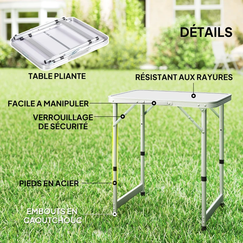 Outsunny Table Pliante Table de Camping Table de Jardin Hauteur réglable Aluminium MDF Blanc