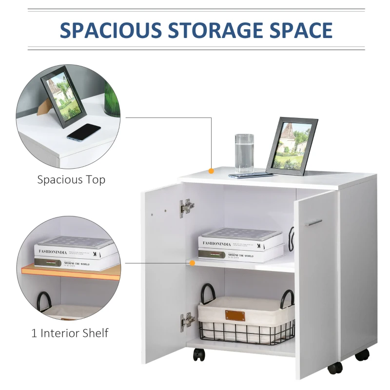 HOMCOM Mobile Sideboard Cabinet, Sideboard Storage Cabinet with 2 Doors and Internal Shelf for Office, 60 x 35 x 65 cm, White