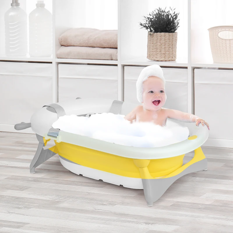 HOMCOM Vaschetta Bagnetto Pieghevole per Bambini 0-3 Anni con Indicatore di Temperatura e Cuscino, 81.5x50.5x23.5 cm, Giallo