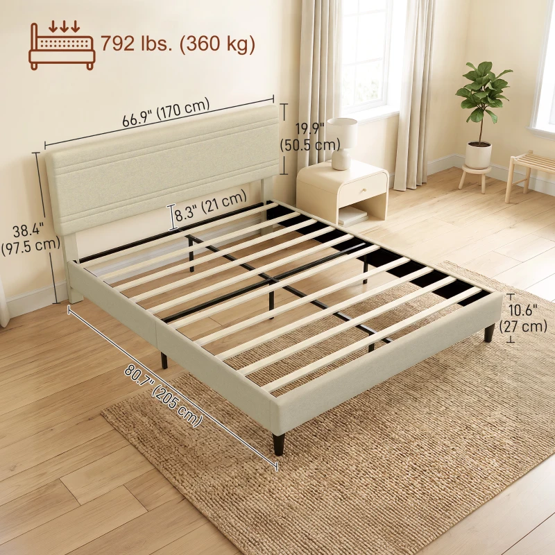 HOMCOM Estructura de Cama 160x200 cm con Somier de Madera Acolchada en Efecto Lino y 9 Patas de Acero Beige