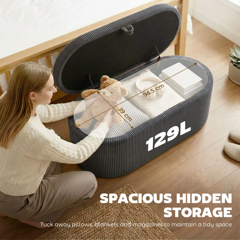 HOMCOM Storage Ottoman, Corduroy Upholstered Ottoman Storage Box with Padded Seat, 105 x 51 x 49 cm, Dark Grey