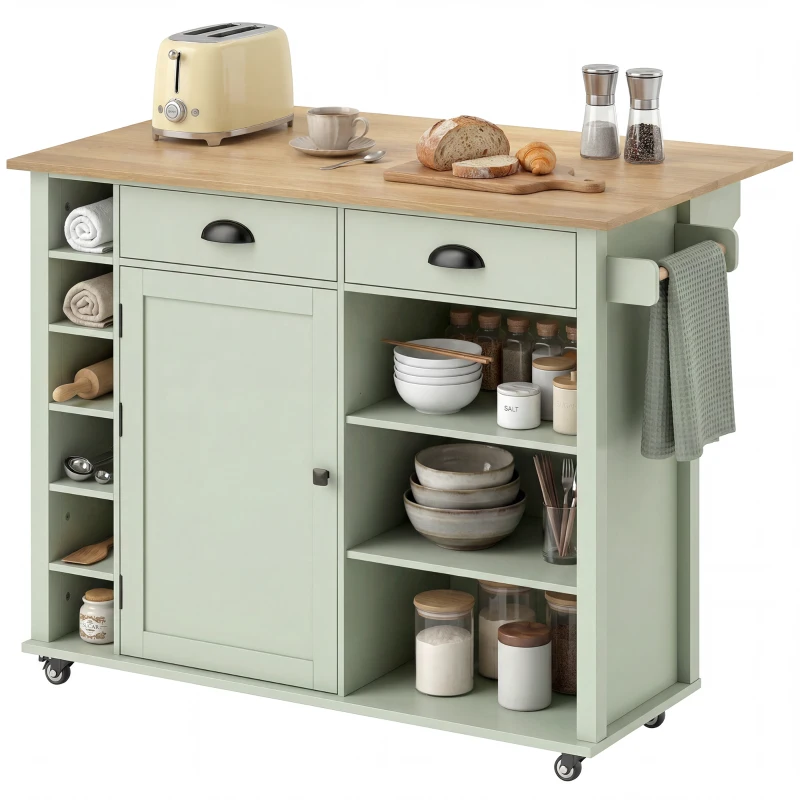 HOMCOM Ilha de Cozinha com Rodas Tampo Rebatível Suporte para Especiarias Prateleiras na Porta Armário 2 Gavetas 117,5x70x91 cm Verde Claro