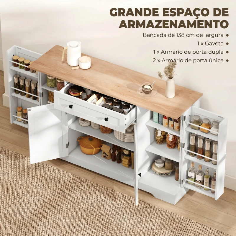 HOMCOM Aparador de Cozinha com Gaveta, Prateleiras nas Portas Prateleiras Ajustáveis Bar de Café 138x40x83,5 cm Branco