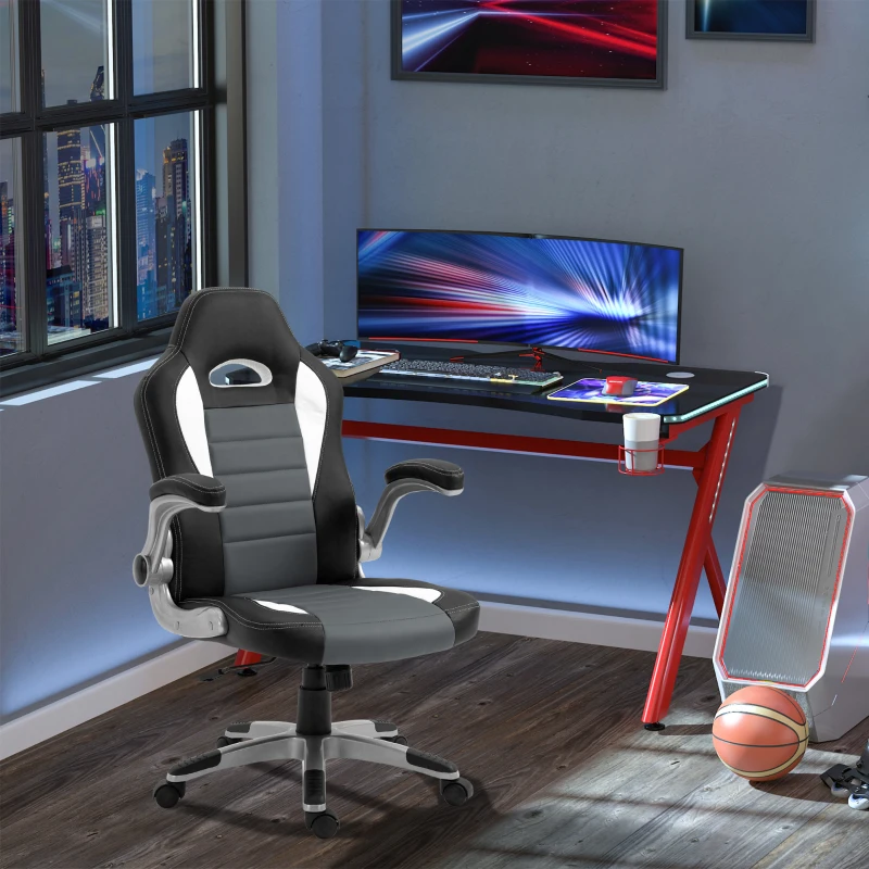 HOMCOM Cadeira de escritório ergonômica Altura ajustável apoio de Braço dobrável com 5 rodas Carga 120 kg 65x69x112-122 cm cinza