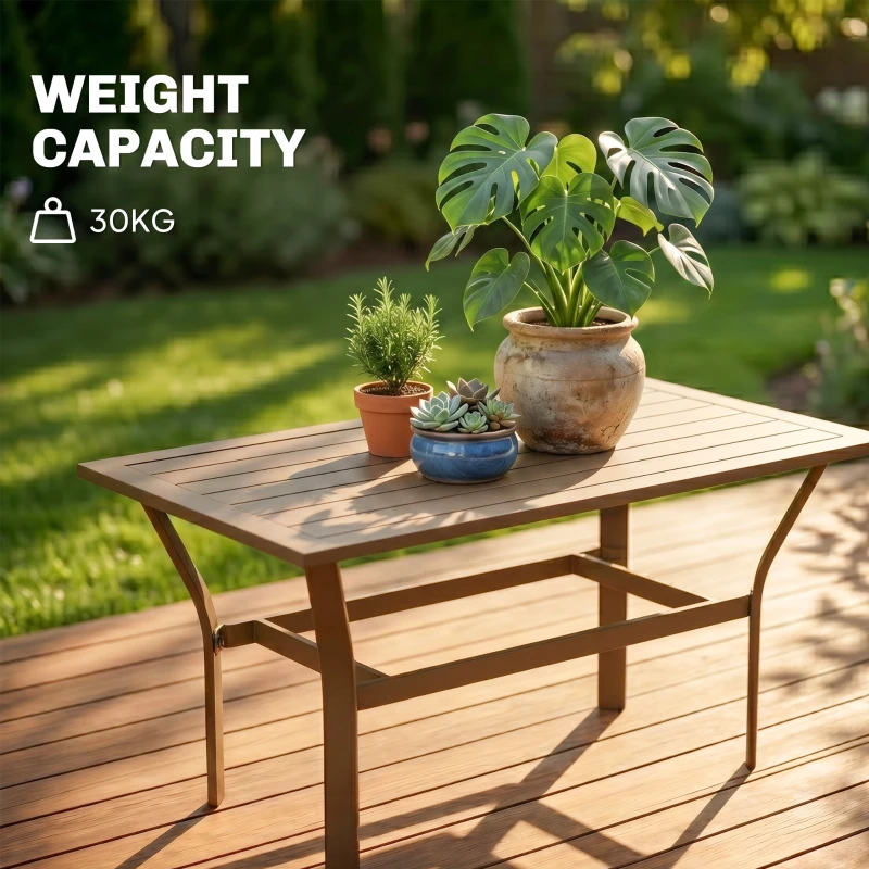 Outsunny Metal Garden Coffee Table, Rectangular Outdoor Side Table with Slatted Tabletop, Foot Pads for Outside, Garden, Balcony, Porch, 91.5 x 55 x 45cm, Brown
