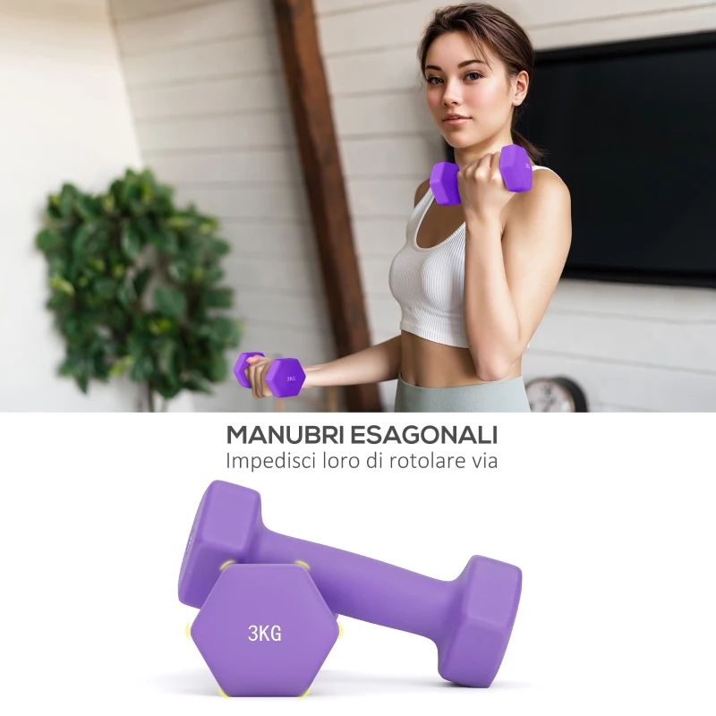 SPORTNOW Set 6 Manubri Pesi (2x1 kg, 2x2 kg, 2x3 kg) da 12 kg con Supporto/Kettlebell, in Metallo e PP Rosa, Azzurro e Viola