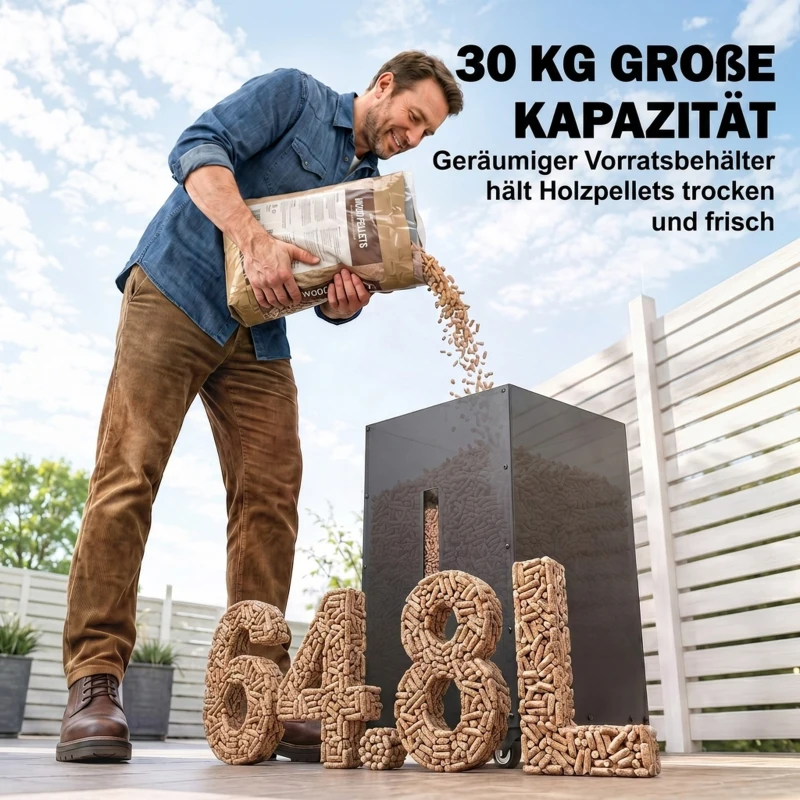 Outsunny Metall Pelletbehälter mit Rollen, 30 kg Pelletbox, Pelletlagerung mit Sieb 4 Füllstandsanzeigen 36,5 x 36,5 x 61,5 cm