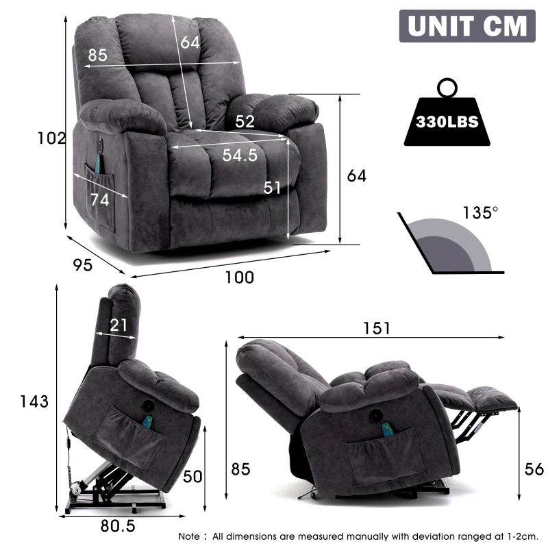 Power Lift Electric Recliner Chair with Heat and Vibration, Massage Chair with USB Ports and Side Pockets, Easy Assembly, 100x95x105 cm, Grey