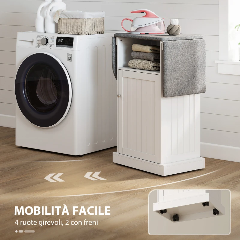 HOMCOM Mobile Asse da Stiro Pieghevole a Rotelle con Ripiano Aperto e Armadietto, 121x37x89 cm, Bianco e Grigio