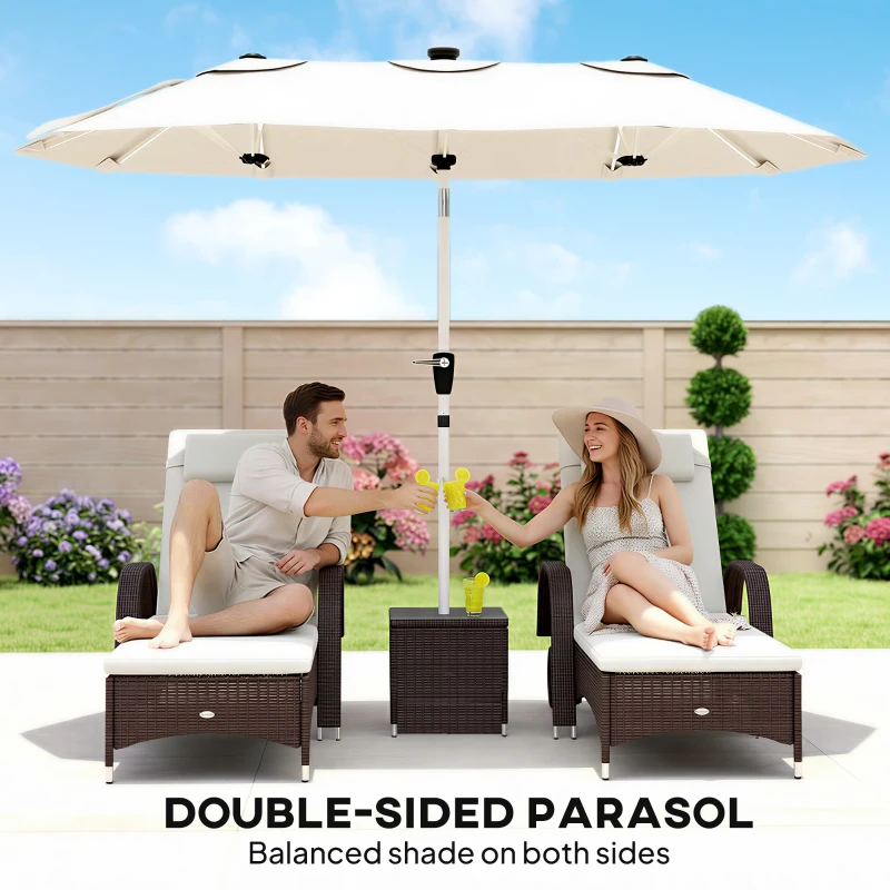 Outsunny 3 m Double-Sided Garden Parasol with LED Solar Lights, Tilt, Outdoor Extra Large Sun Umbrella with Crank Handle, Cream