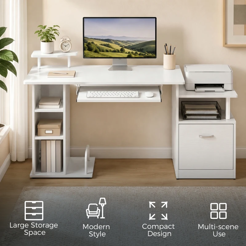 HOMCOM Computer Desk with Drawer Shelves CPU Storage Rack White