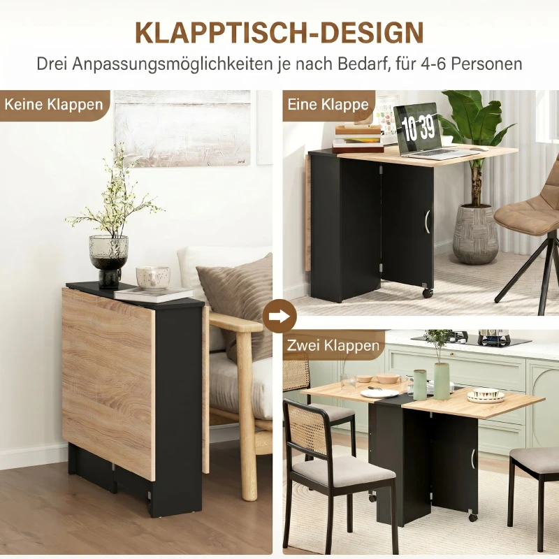 HOMCOM Masă pliabilă tip consolă pentru 4-6 persoane cu roți și rafturi, 140x75x74cm, Stejar și Negru