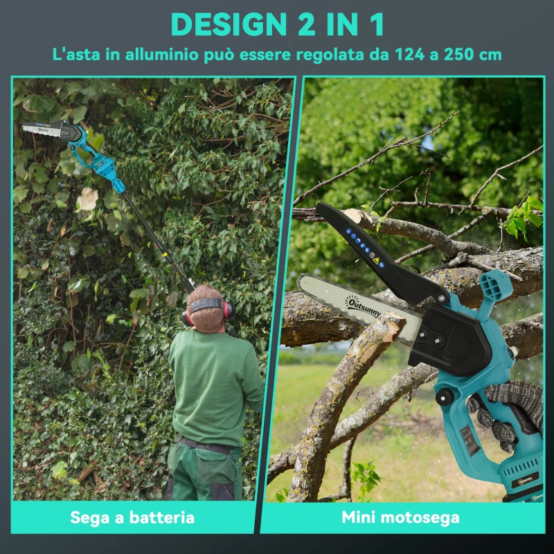 Outsunny Motosega a Batterie 2 in 1 con Palo Telescopico, Motore Brushless, 2 Batterie e Blocco di Sicurezza, Blu