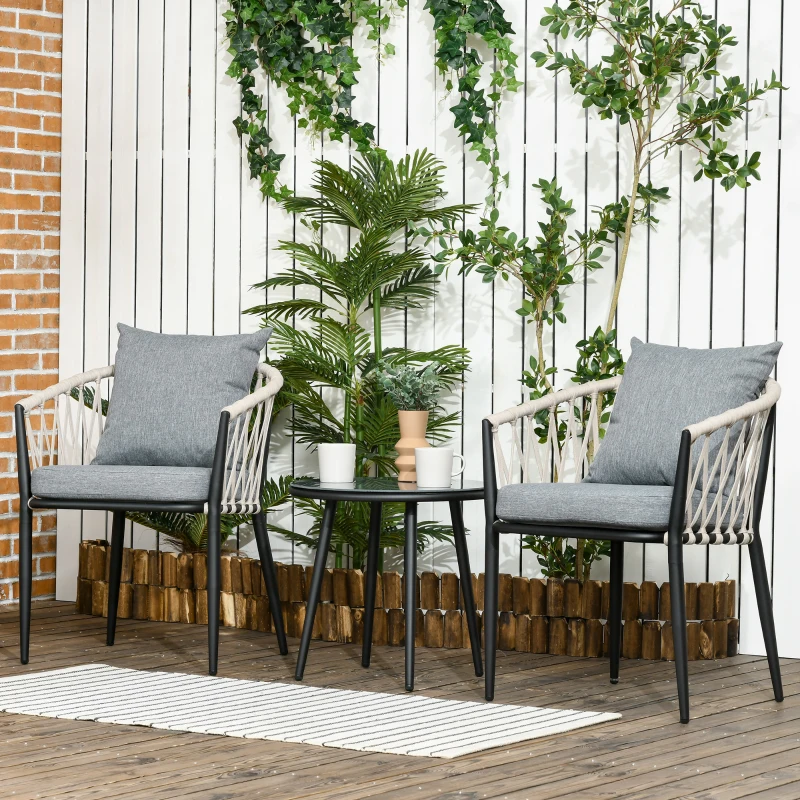 Outsunny Salon de jardin 2 personnes 3 pièces 2 fauteuils avec coussins table basse ronde plateau verre trempé corde tressée gris