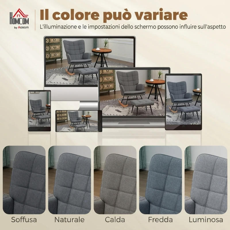 HOMCOM Sedia a Dondolo con Pouf in Tessuto Effetto Lino e Legno con Cuscino, Braccioli, Capacità 130 kg, Grigio