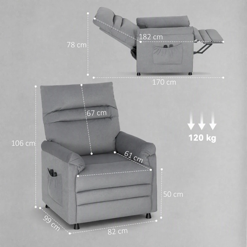HOMCOM Relaxsessel, Fernsehsessel mit Liegefunktion, Lendenheizung, 2 Fernbedienungen, USB-Anschluss, Leisem Motor, Grau