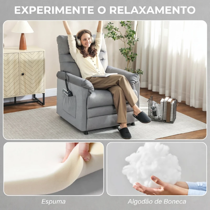 HOMCOM Poltrona Relax com Aquecimento Lombar e Massagem por Vibração Reclinável Função de Memória  82x99x106 cm Cinzento