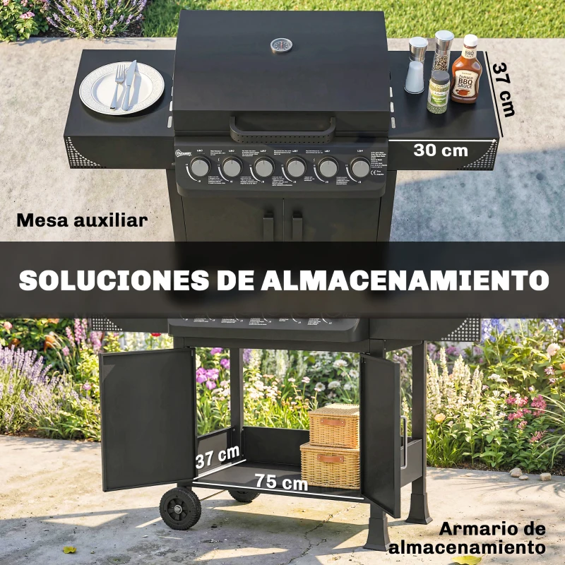 Outsunny Barbacoa de Gas con 6 Quemadores 15 kW Termómetro Parrilla Mesas Laterales Armario y Ruedas 135x51x101 cm Negro