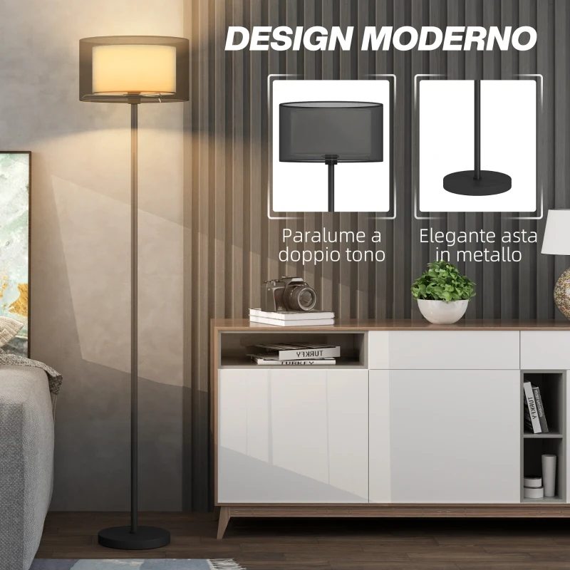 HOMCOM Lampada da Terra Moderna con Doppio Paralume e Interruttore a Pedale, Ø33 x 152.5 cm, Nero
