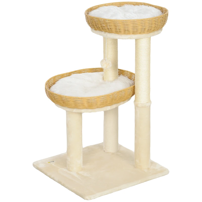 PawHut Arbre à chat arbre à grimper hauteur de 75,5 cm avec deux lits pour chat en rotin griffoirs coussins lavables beige