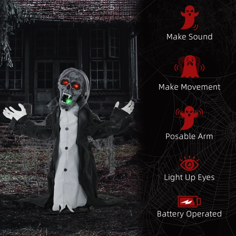 HOMCOM Halloween Animated Skeleton with Glowing LED Eyes and Mouth, Half-Body Halloween Decoration, Battery Operated
