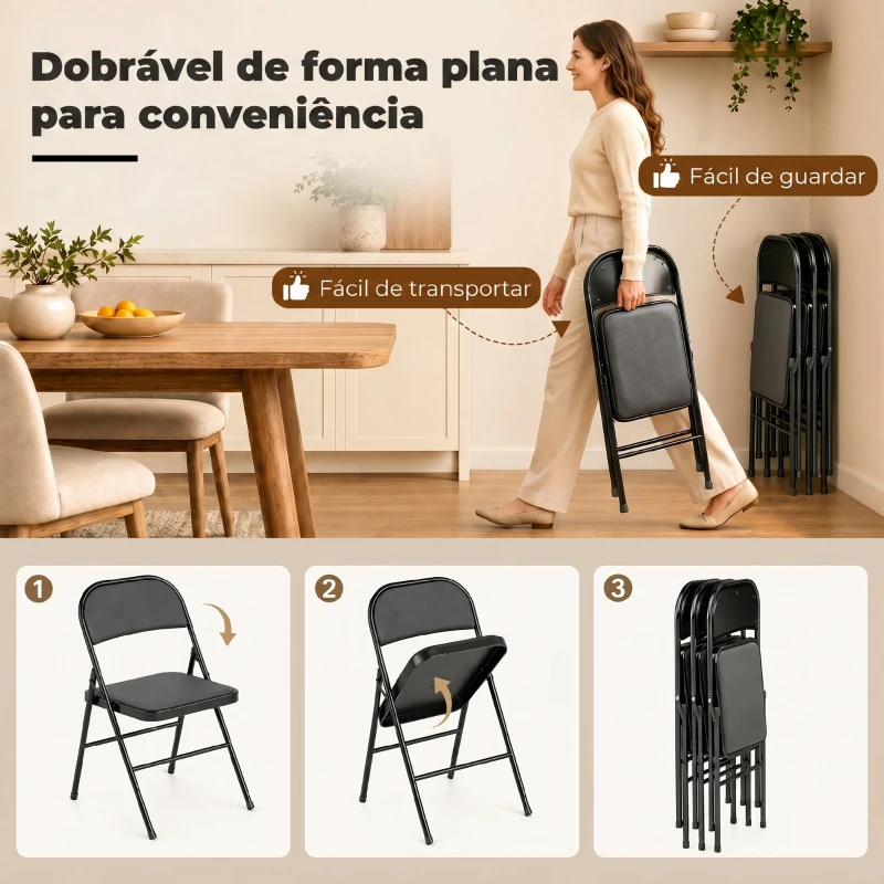 HOMCOM Conjunto de 4 Cadeiras Dobráveis com Encosto e Estrutura de Aço para Sala de Estar escritório Estúdio 45x46x78 cm Preto