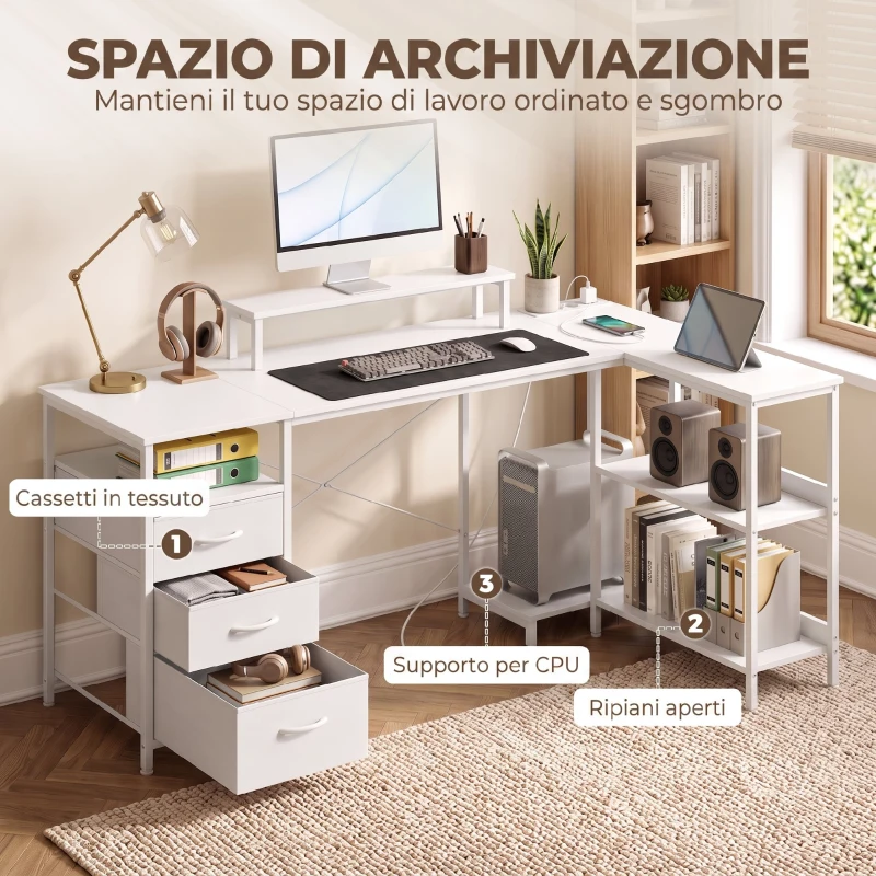 HOMCOM Scrivania Angolare Reversibile con Cassetti, Ripiani e Prese, 170x100cm, Bianca