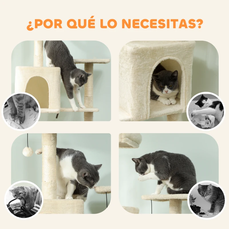 PawHut Árbol Rascador para Gatos con Plataforma Torre Escalador para Gatos con Cama Cuevas Postes de Sisal 60x48x202 cm Beige