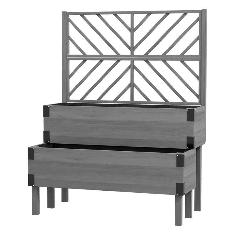 Outsunny Raised Garden Bed with Trellis, 2-Tier Wooden Elevated Planter Box  for Vegetables, Flowers, Herbs, Grey