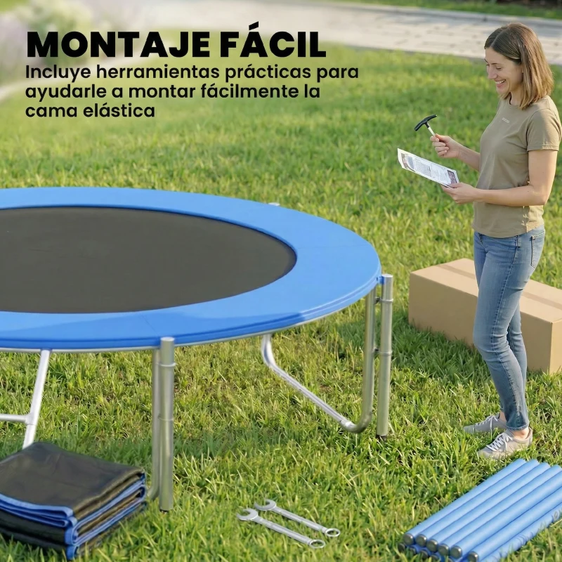 SPORTNOW Cama Elástica Exterior Ø305 cm Trampolín para Niños con Red de Seguridad Escalera y Acolchado de Muelles Azul