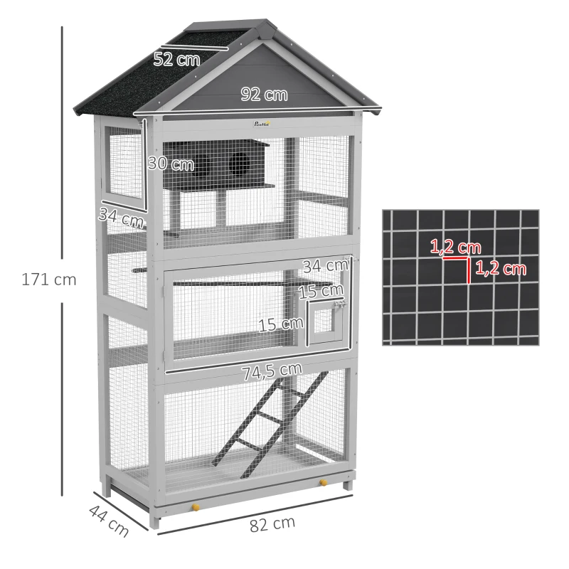 PawHut Voliera per Uccellini a 3 Porte con Casetta e Vassoio, in Legno e Metallo, 92x52x171 cm, Grigia e Nera