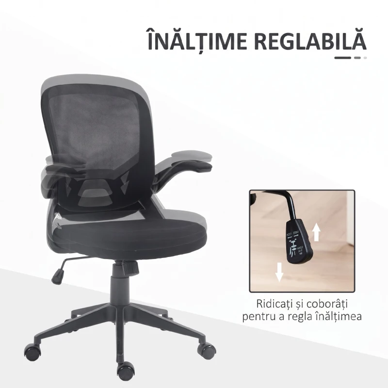 HOMCOM Scaun de birou ergonomic cu înălțime reglabilă, brațe rabatabile și material textil tip plasă, negru